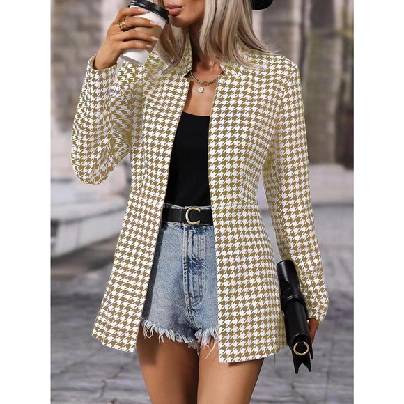 Notched collar Houndstooth Print Open Front peaCoat pea coat black ehite - Picture 7 of 8